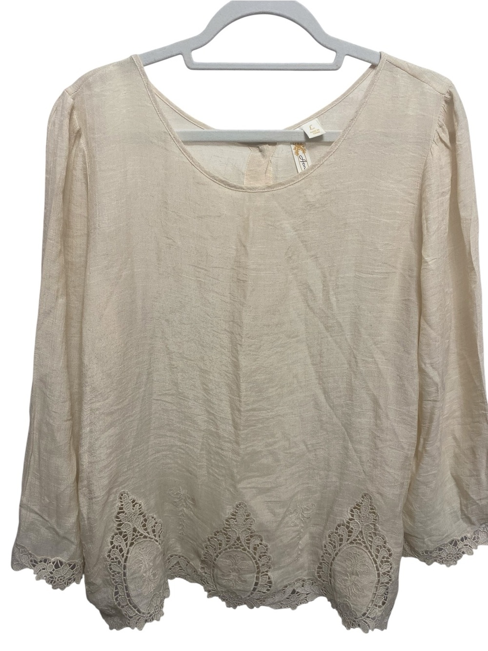 Adiva Off-White Bohemian Style Crochet Trim Hem & Cuffs Button Up Back Blouse L
